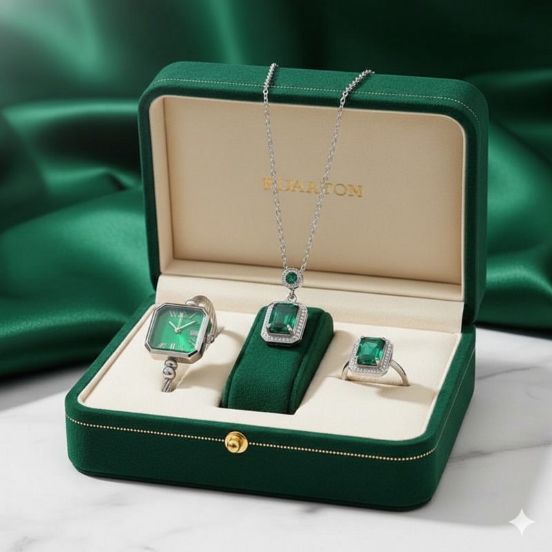 ست زنانه ساعت و گردنبند و انگشتر مدل زمرد-نقره ای