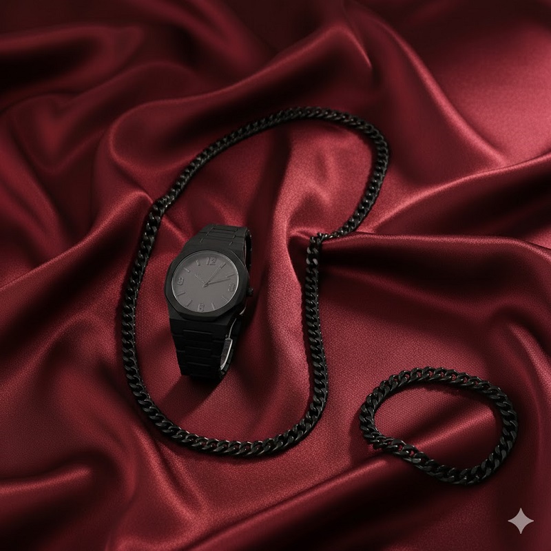 ست مردانه ساعت و دستبند و گردنبند solid black-مشکی